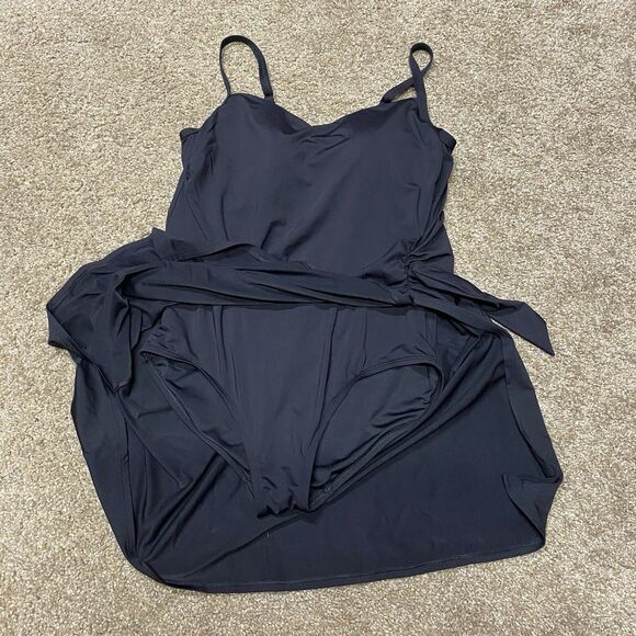 Lands End One Piece Swimsuit Dress Sz 12 Black No Underwire Padded Side Knot - Picture 5 of 16